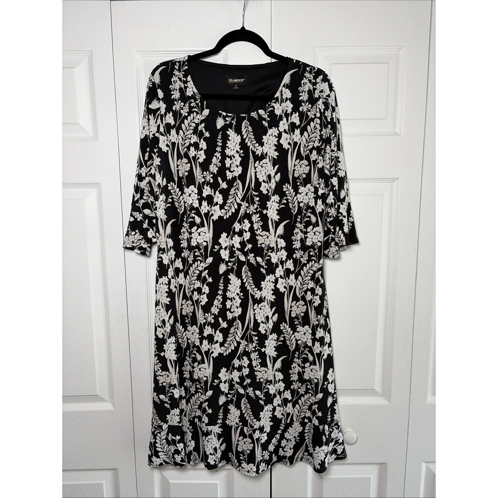 Glamour‎ Floral Bell Sleeve Shift Dress Womens Size 16 Black White Ruffle Poly
